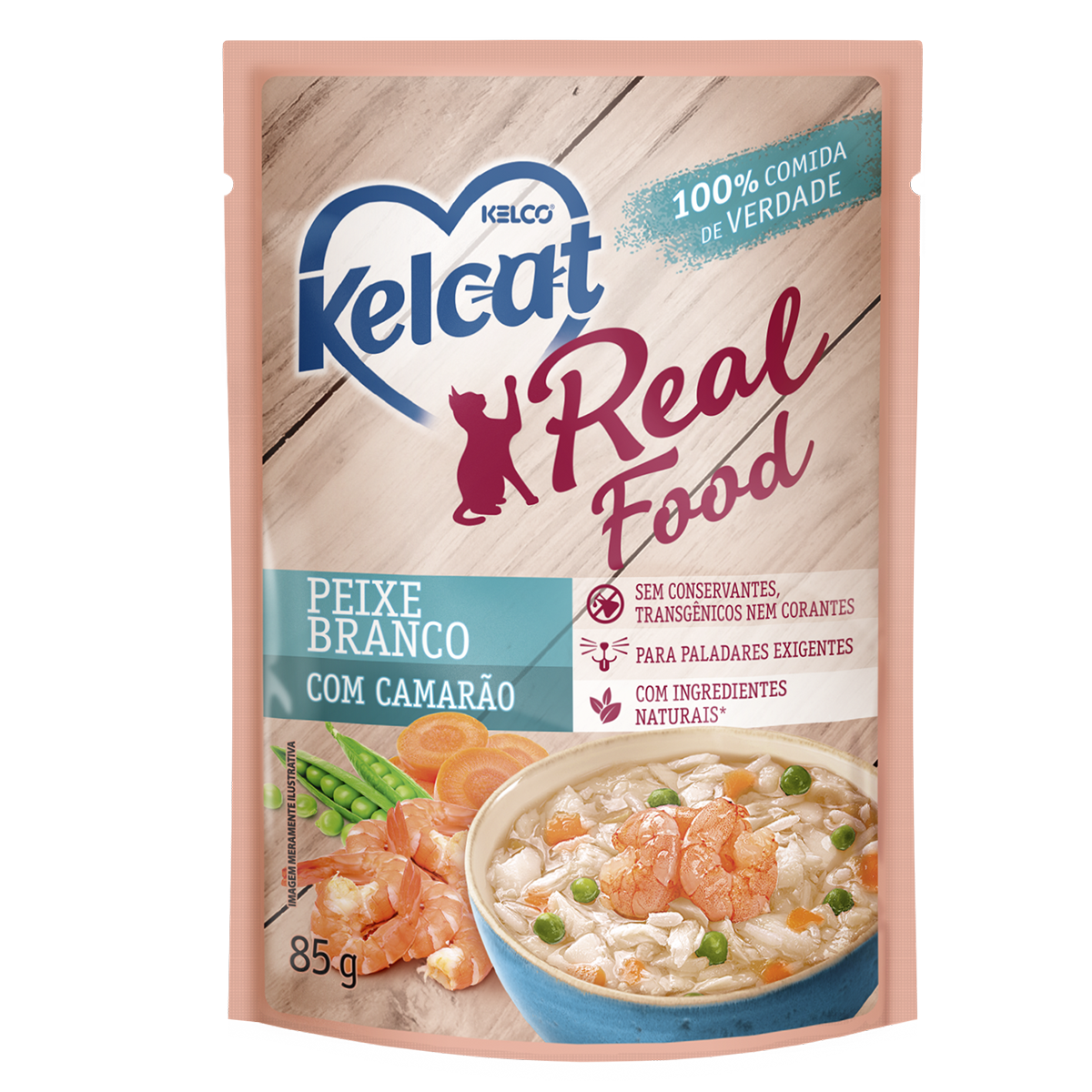 Sachê Kelcat Real Food Peixe Branco com Camarão 85g